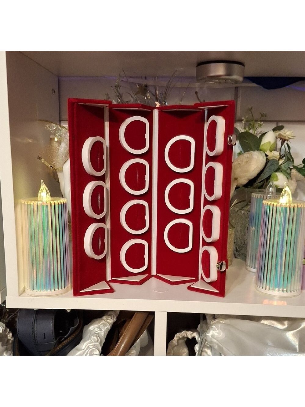 Ring Roll-up Red Velvet Display 14 Slot Jewelry Organizer with White Accents